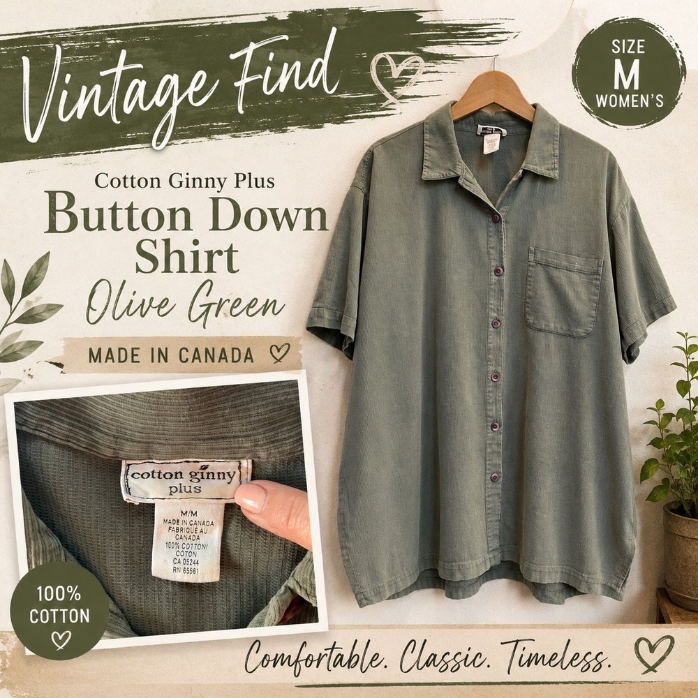 Cotton Ginny Plus Vintage Olive Green Button Down Shirt Ribbed Cotton Canada M